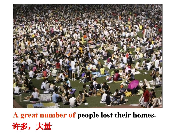 A great number of people lost their homes. 许多，大量 