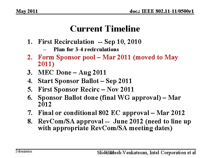 May 2011 doc. : IEEE 802. 11 -11/0500 r 1 Current Timeline 1. First