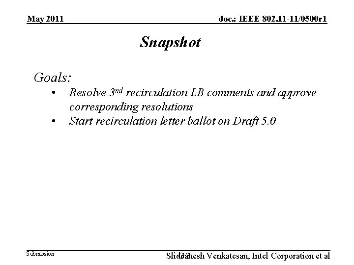 May 2011 doc. : IEEE 802. 11 -11/0500 r 1 Snapshot Goals: • •
