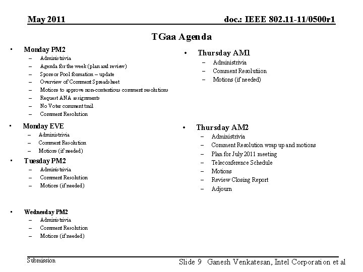 May 2011 doc. : IEEE 802. 11 -11/0500 r 1 TGaa Agenda • Monday