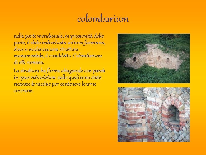 colombarium nella parte meridionale, in prossimità delle porte, è stato individuata un’area funeraria, dove