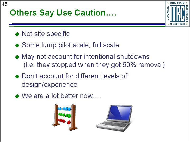 45 Others Say Use Caution…. u Not site specific u Some lump pilot scale,