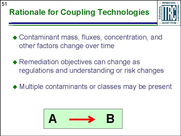 51 Rationale for Coupling Technologies u Contaminant mass, fluxes, concentration, and other factors change