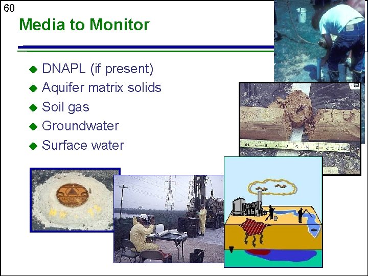 60 Media to Monitor DNAPL (if present) u Aquifer matrix solids u Soil gas