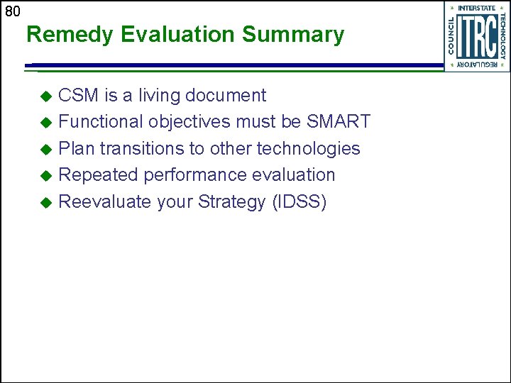 80 Remedy Evaluation Summary CSM is a living document u Functional objectives must be