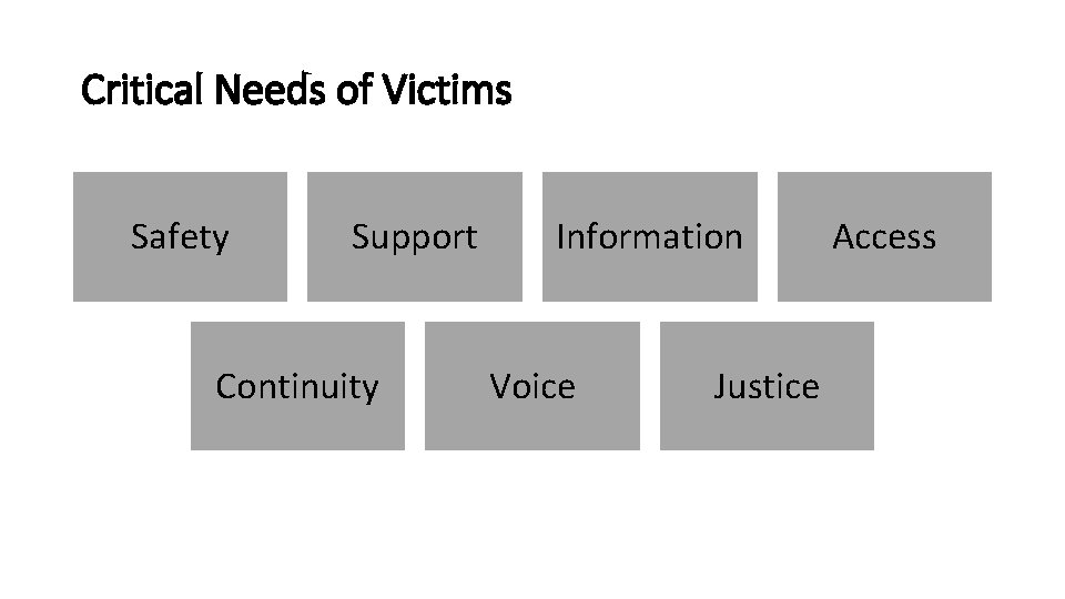 Critical Needs of Victims Safety Support Continuity Information Voice Justice Access 