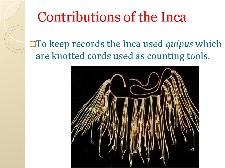 Contributions of the Inca �To keep records the Inca used quipus which are knotted