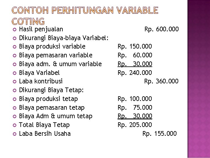  Hasil penjualan Dikurangi Biaya-biaya Variabel: Biaya produksi variable Biaya pemasaran variable Biaya adm.