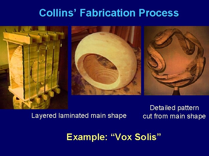 Collins’ Fabrication Process Layered laminated main shape Detailed pattern cut from main shape Example: