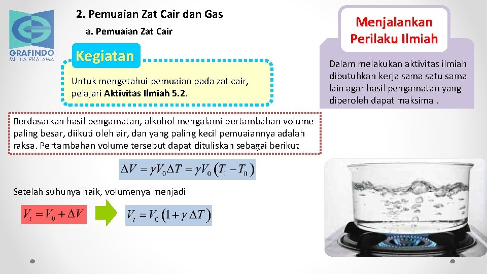 2. Pemuaian Zat Cair dan Gas a. Pemuaian Zat Cair Kegiatan Untuk mengetahui pemuaian