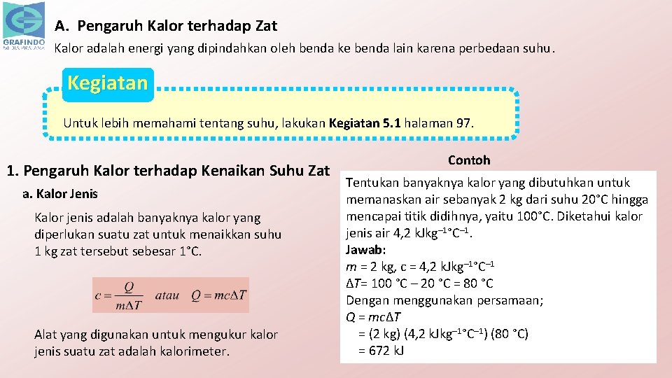 A. Pengaruh Kalor terhadap Zat Kalor adalah energi yang dipindahkan oleh benda ke benda