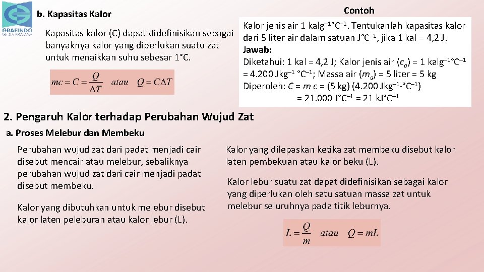 Contoh Kalor jenis air 1 kalg– 1°C– 1. Tentukanlah kapasitas kalor Kapasitas kalor (C)