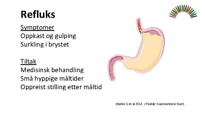 Refluks Symptomer Oppkast og gulping Surkling i brystet Tiltak Medisinsk behandling Små hyppige måltider