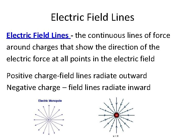 Electric Field Lines - the continuous lines of force around charges that show the