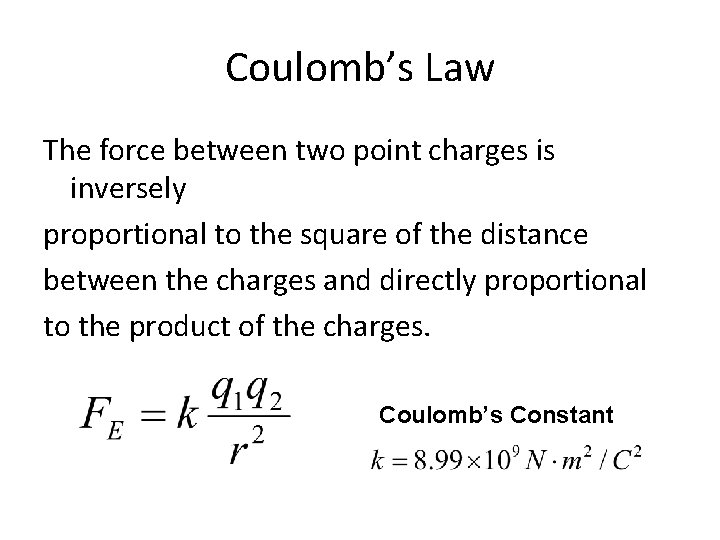 Coulomb’s Law The force between two point charges is inversely proportional to the square