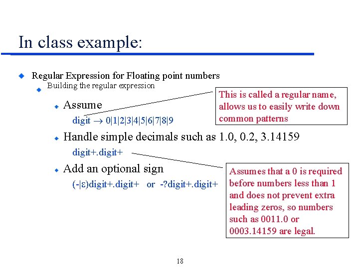 In class example: Regular Expression for Floating point numbers Building the regular expression This