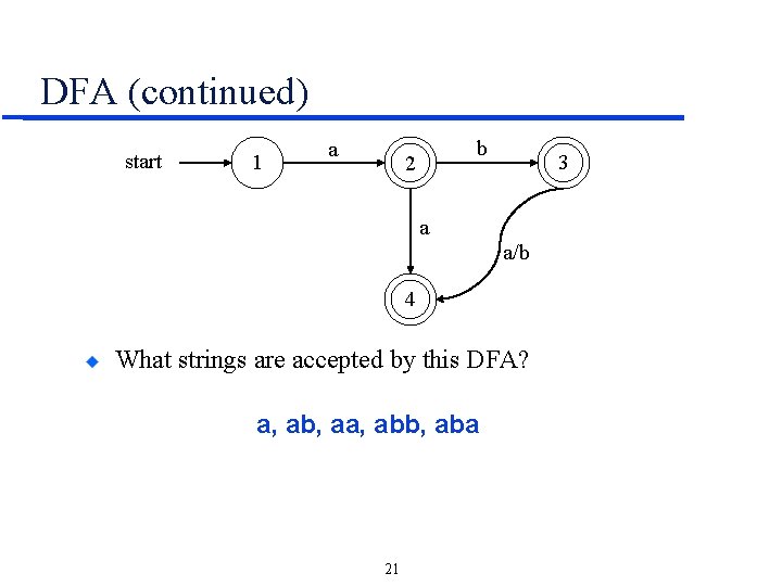 DFA (continued) start 1 a b 2 3 a a/b 4 What strings are