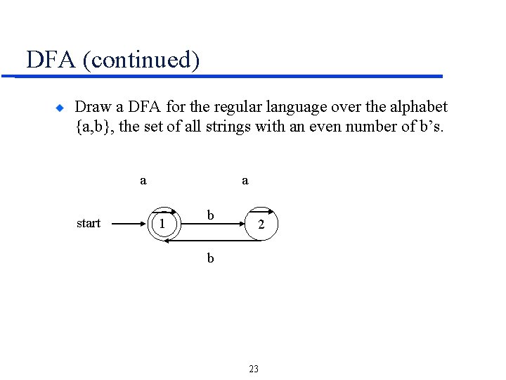 DFA (continued) Draw a DFA for the regular language over the alphabet {a, b},