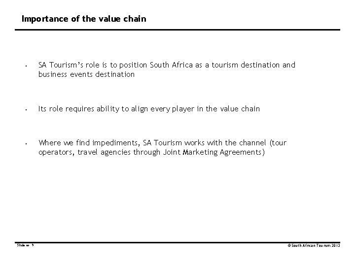 Importance of the value chain • • • Slide no. 9 SA Tourism’s role