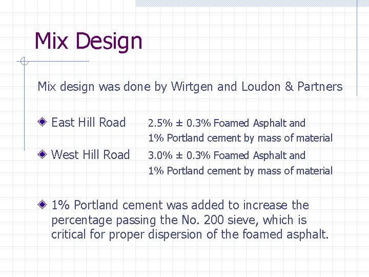 Mix Design Mix design was done by Wirtgen and Loudon & Partners East Hill