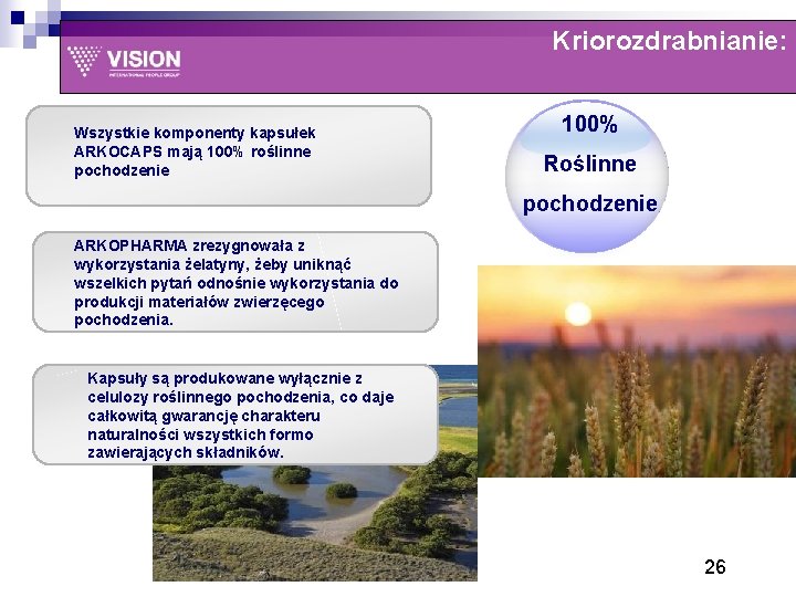 Kriorozdrabnianie: Wszystkie komponenty kapsułek ARKOCAPS mają 100% roślinne pochodzenie 100% Roślinne pochodzenie ARKOPHARMA zrezygnowała