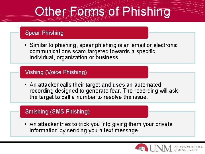 Other Forms of Phishing Spear Phishing • Similar to phishing, spear phishing is an