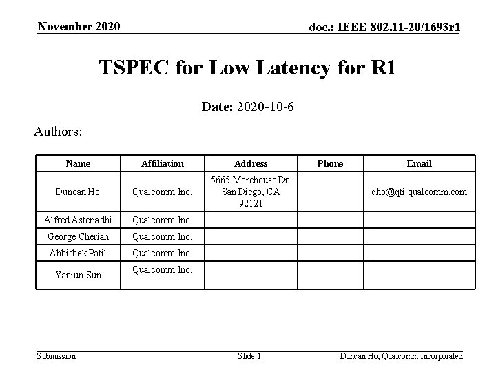 November 2020 doc. : IEEE 802. 11 -20/1693 r 1 TSPEC for Low Latency