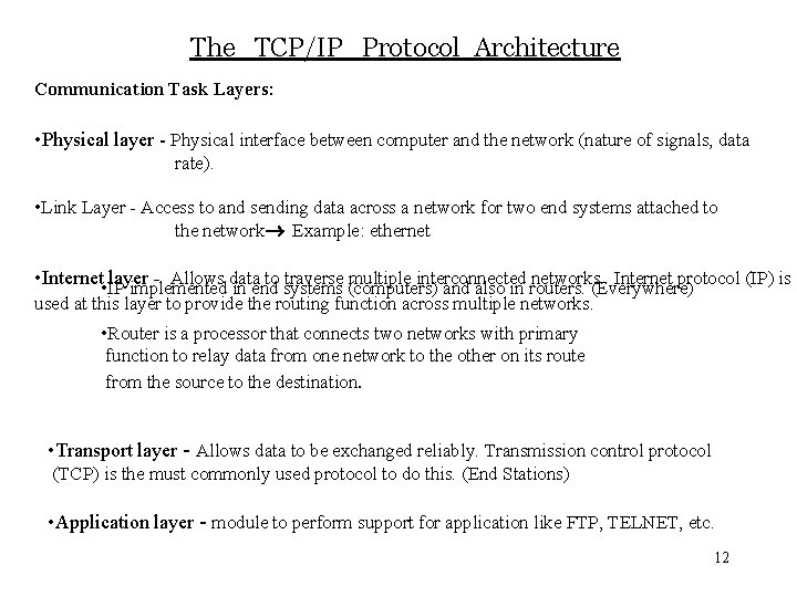 The TCP/IP Protocol Architecture Communication Task Layers: • Physical layer - Physical interface between