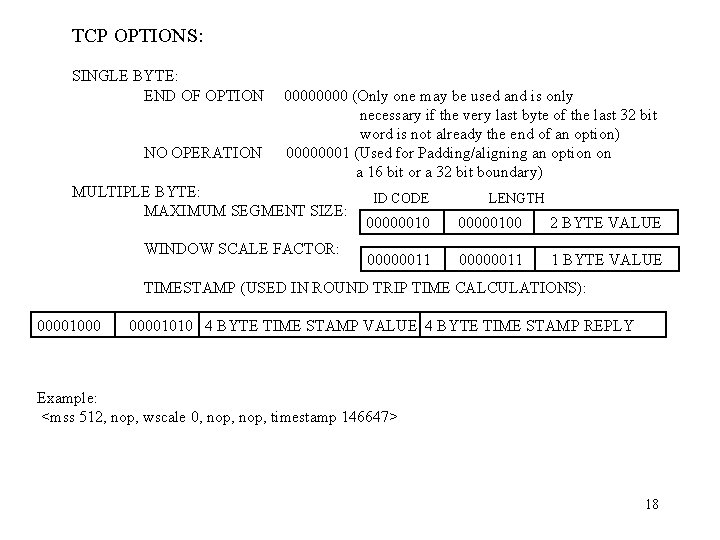 TCP OPTIONS: SINGLE BYTE: END OF OPTION NO OPERATION 0000 (Only one may be