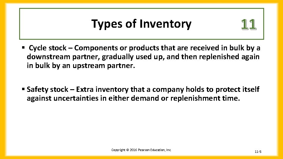 Types of Inventory 11 § Cycle stock – Components or products that are received