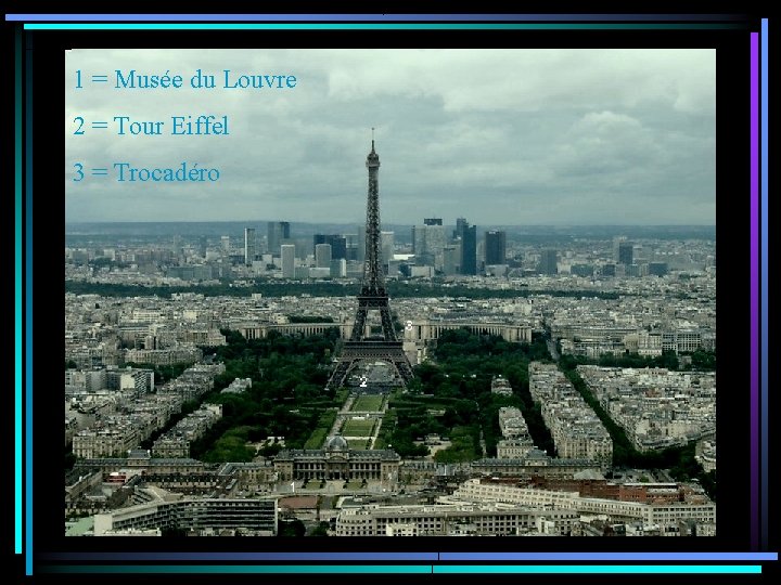 1 = Musée du Louvre 2 = Tour Eiffel 3 = Trocadéro 