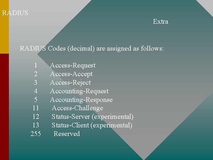 RADIUS Extra RADIUS Codes (decimal) are assigned as follows: 1 2 3 4 5