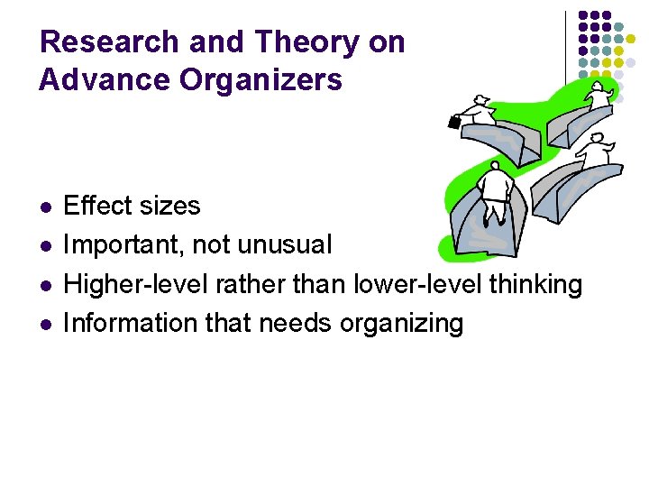 Research and Theory on Advance Organizers l l Effect sizes Important, not unusual Higher-level