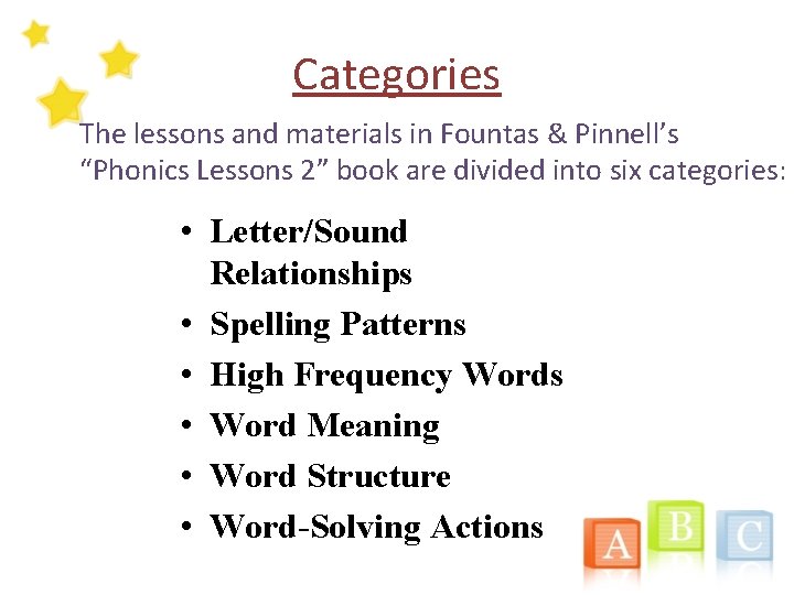 Categories The lessons and materials in Fountas & Pinnell’s “Phonics Lessons 2” book are