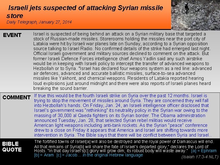 Israeli jets suspected of attacking Syrian missile store Daily Telegraph, January 27, 2014 EVENT