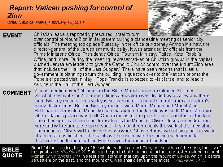 Report: Vatican pushing for control of Zion Mount Israel National News, February 19, 2014