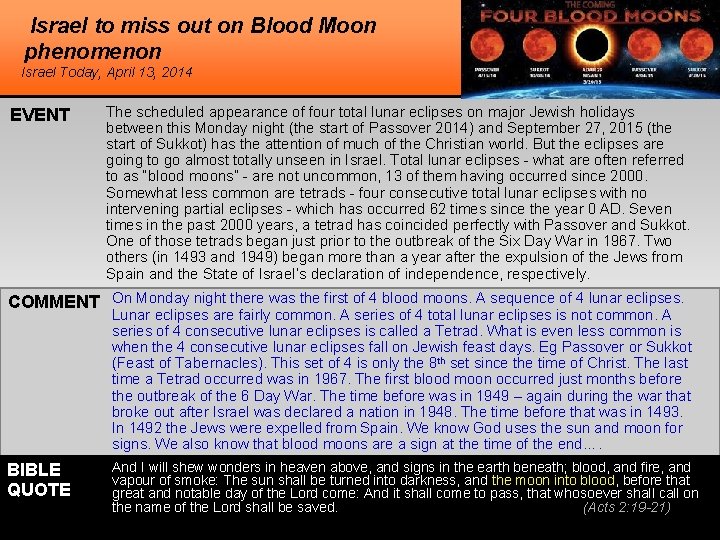 Israel to miss out on Blood Moon phenomenon Israel Today, April 13, 2014 EVENT