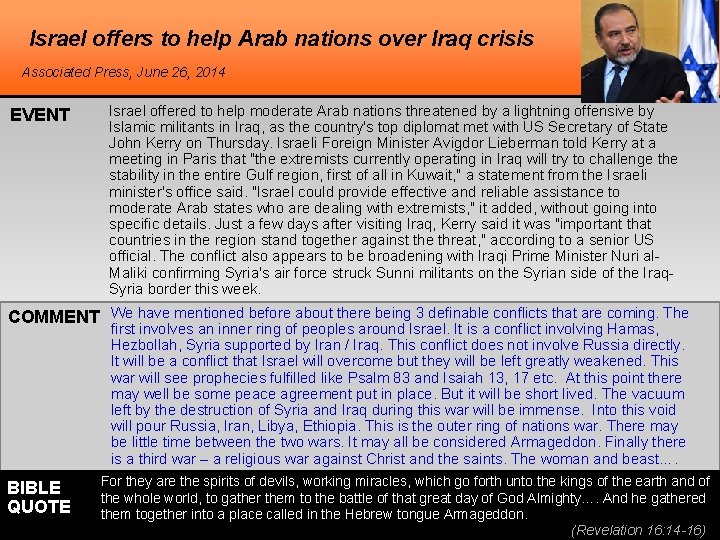 Israel offers to help Arab nations over Iraq crisis Associated Press, June 26, 2014