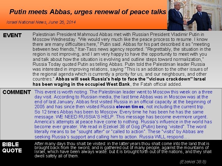 Putin meets Abbas, urges renewal of peace talks Israel National News, June 26, 2014