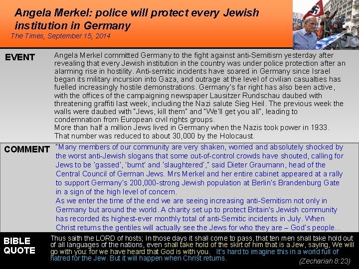Angela Merkel: police will protect every Jewish institution in Germany The Times, September 15,