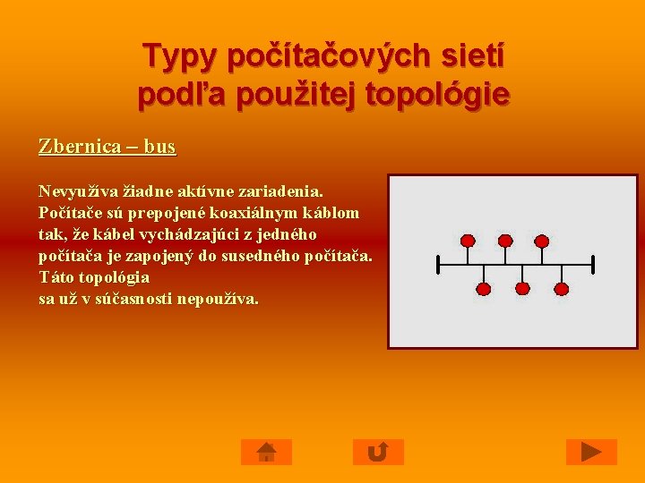 Typy počítačových sietí podľa použitej topológie Zbernica – bus Nevyužíva žiadne aktívne zariadenia. Počítače