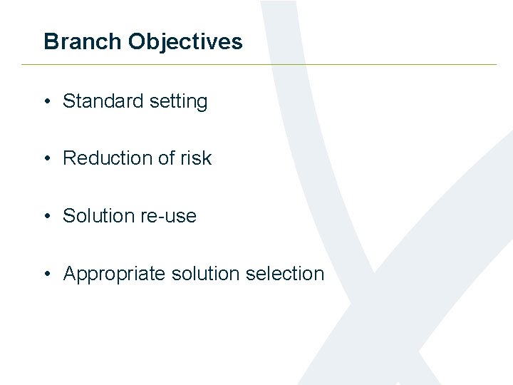 Branch Objectives • Standard setting • Reduction of risk • Solution re-use • Appropriate