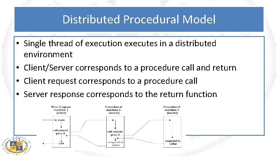 Distributed Procedural Model • Single thread of execution executes in a distributed environment •