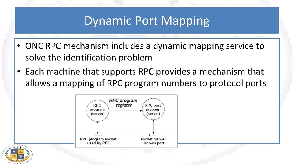 Dynamic Port Mapping • ONC RPC mechanism includes a dynamic mapping service to solve