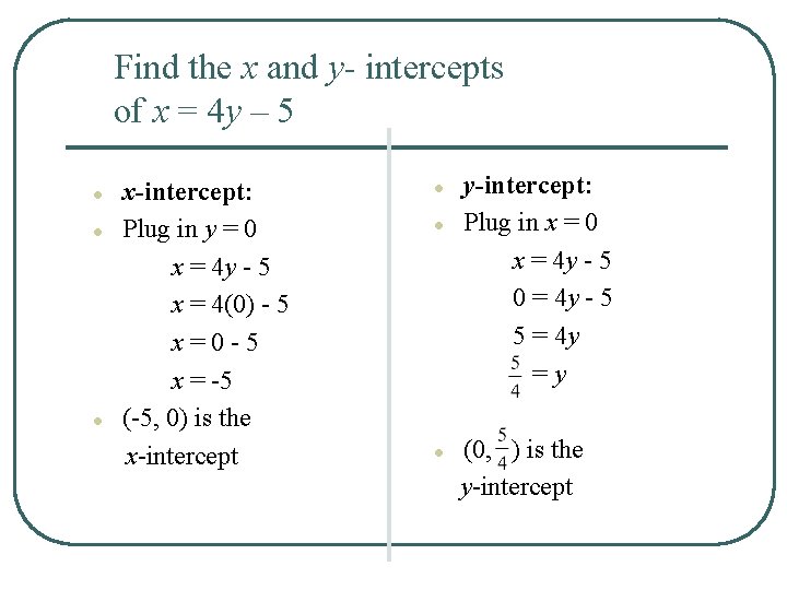 Find the x and y- intercepts of x = 4 y – 5 ●