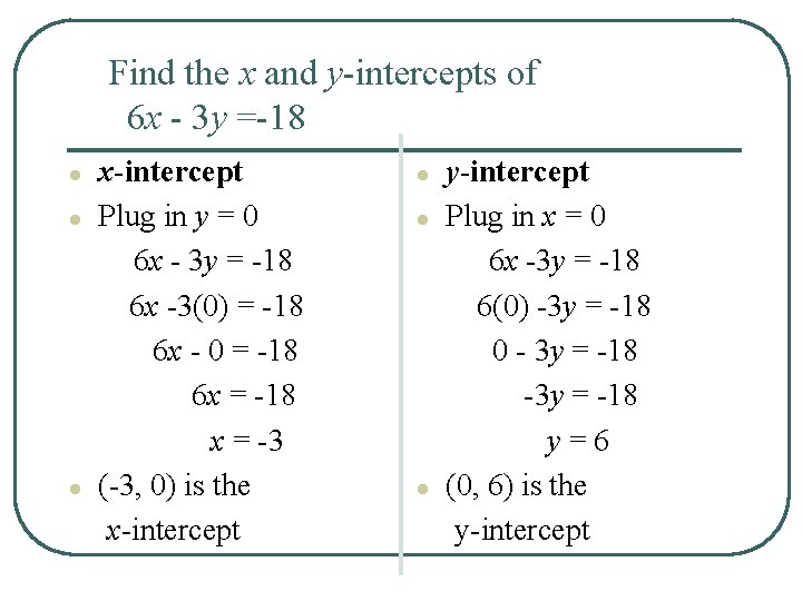 Find the x and y-intercepts of 6 x - 3 y =-18 ● ●