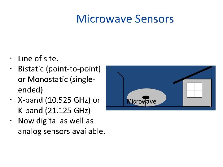 Microwave Sensors Line of site. Bistatic (point-to-point) or Monostatic (singleended) X-band (10. 525 GHz)
