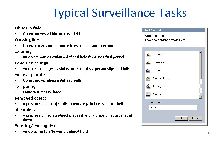 Typical Surveillance Tasks Object in field • Object moves within an area/field Crossing line
