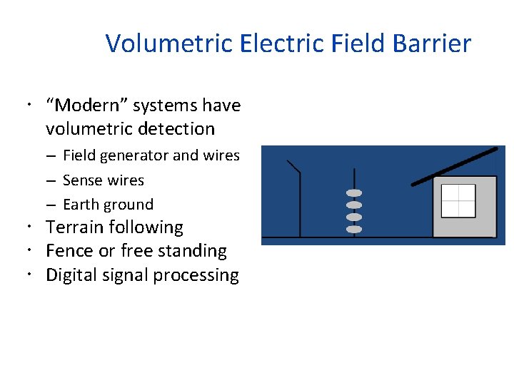 Volumetric Electric Field Barrier “Modern” systems have volumetric detection – Field generator and wires