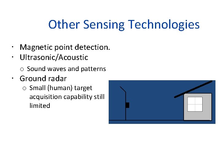 Other Sensing Technologies Magnetic point detection. Ultrasonic/Acoustic o Sound waves and patterns Ground radar